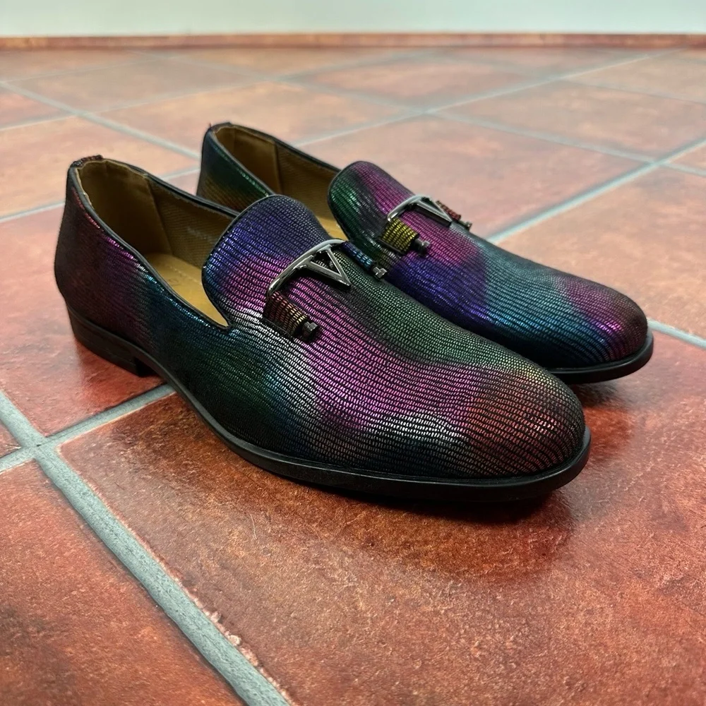 Unique Adolfo Multicolor Textured Metallic Emblem Mens Loafers Size 8